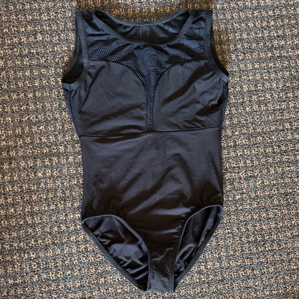Black tank leotard with floral mesh insets